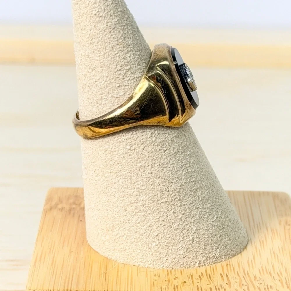 Vintage Classic Karatclad Black Onyx Diamond Signet Ring Heavy Gold EP Size 8